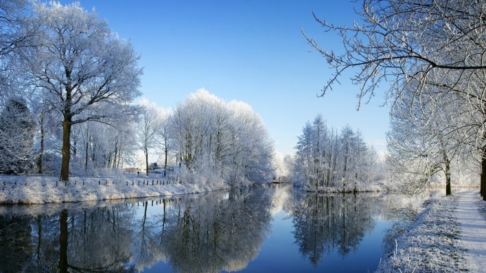 зима деревья иней снег речка