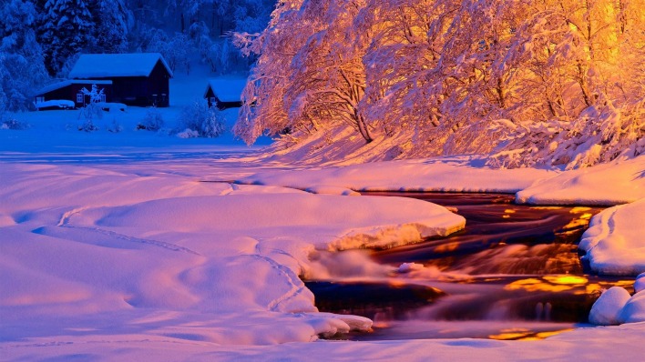 природа зима снег река