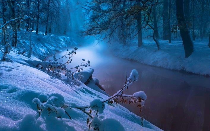 природа река зима вечер деревья