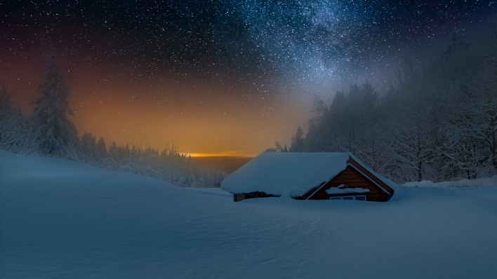 снег ночь зима домик звезды
