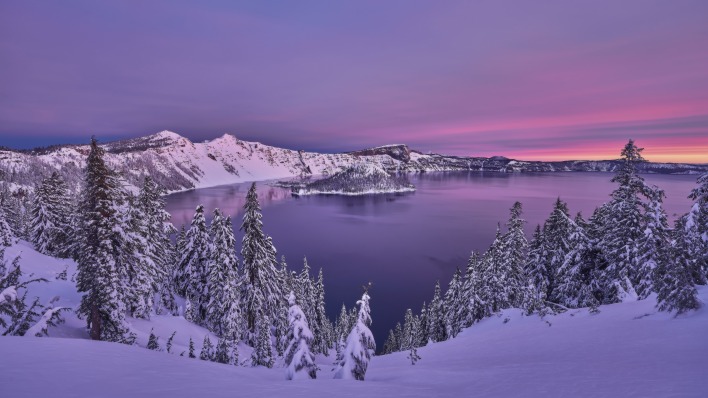 озеро горы снег зима вечер сумерки