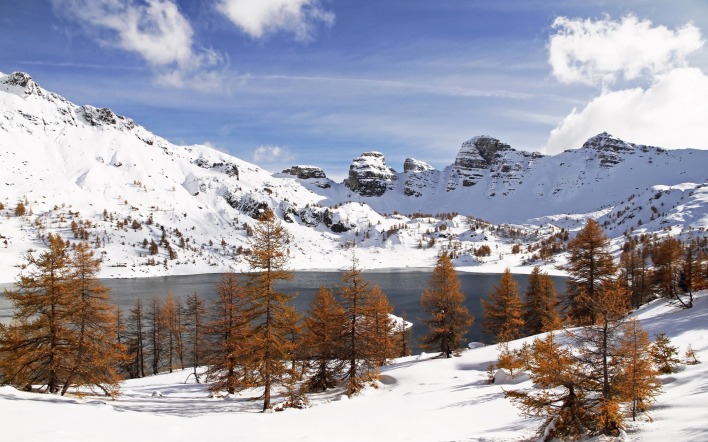 озеро снег зима горы