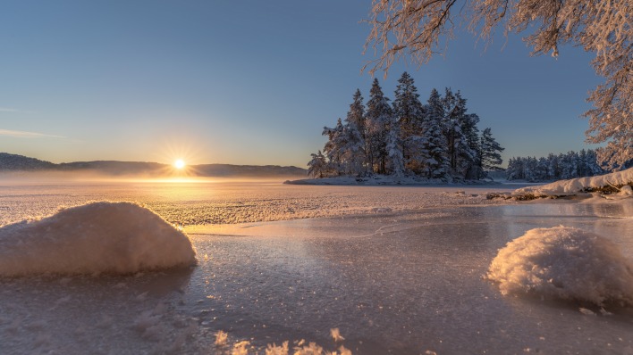 рассвет снег иней водоем озеро