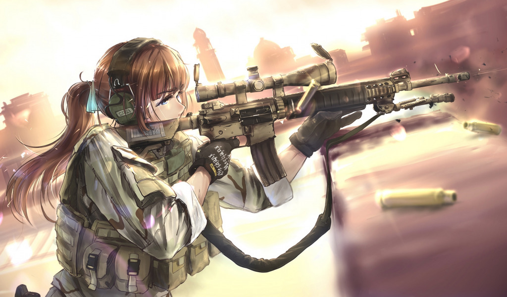 девушка солдат винтовка аниме стрельба