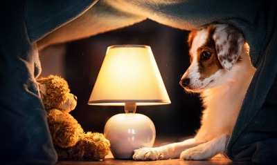 собака лампа медвежонок плюшевый под одеялом
