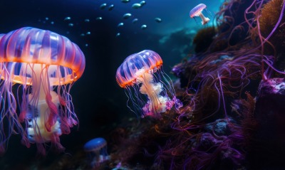 медузы свечение глубина темнота неон