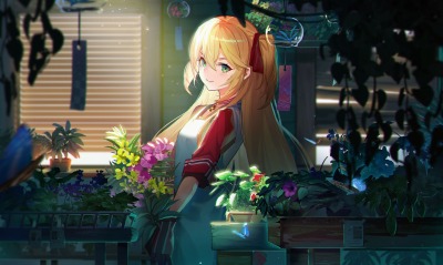 Девушка балкон цветы вечер арт
