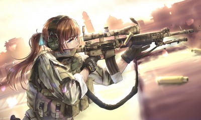 девушка солдат винтовка аниме стрельба