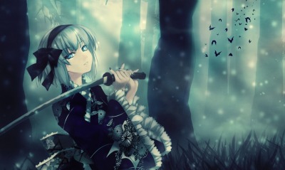 девушка меч аниме лес туман