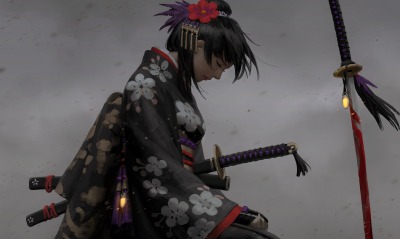 девушка аниме самурай грусть мечи