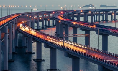 мост город вечер освещение