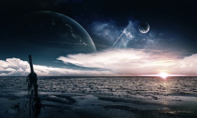 горизонт море рассвет планеты спутники