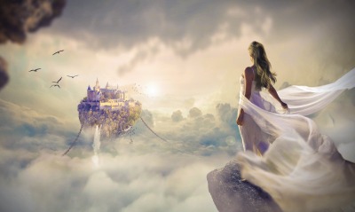 порящий замок фантастика девушка платье над облаками