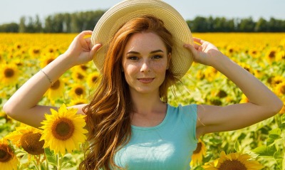 девушка шляпа подсолнухи поле