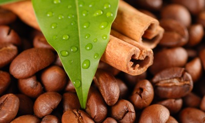 Зерна кофе с листком