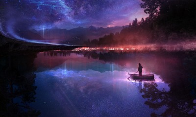 озеро ночь свечение рыбак лодка