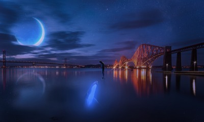 фентези вода кит одиночество мост космос луна ночь