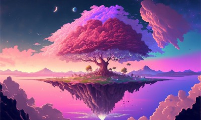 дерево остров луна небо парящий