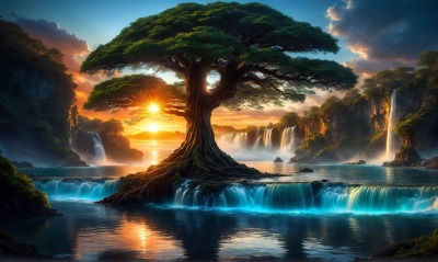 дерево водопад фентези рассвет