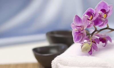 фиолетовый цветок на полотенце