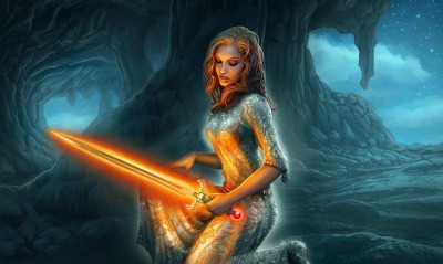 Девушка с мечом в пещере