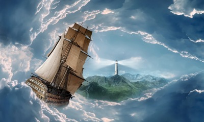 Корабль с парусом, облака, маяк