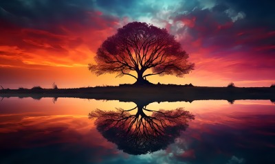 дерево закат озеро отражение