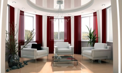 Белый интерьер с красными шторами