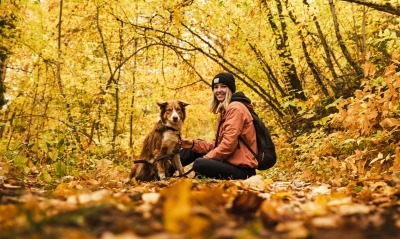 девушка собака лес осень листья