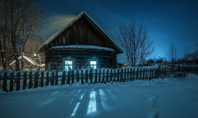 деревня ночь зима снег домик
