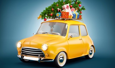 автомобиль желтый мини ретро праздник новый год