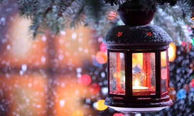 зима фонарь рождество свечи боке снежинки
