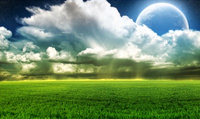 луна, облака, трава