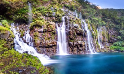 водопад озеро обрыв растительность