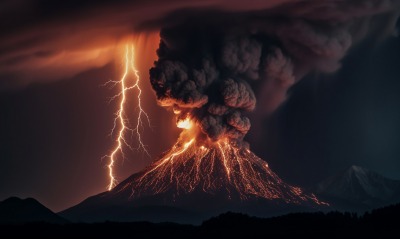 ночь вулкан извержение молния