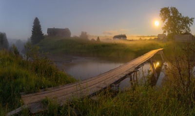 утро деревня рассвет туман мостик