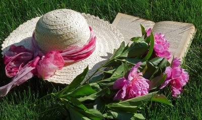 шляпка, книжка, цветы, лужайка