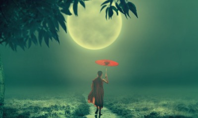 девушка луна зонтик япония туман