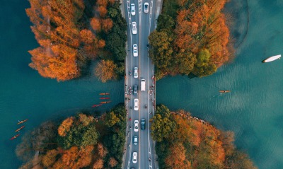 дорога мост деревья пролив вид сверху