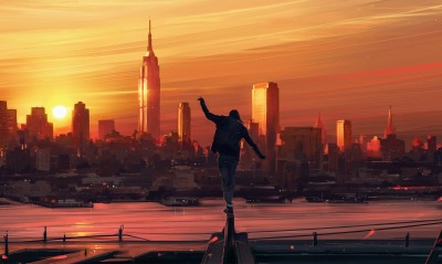 мужчина город на закате небоскребы
