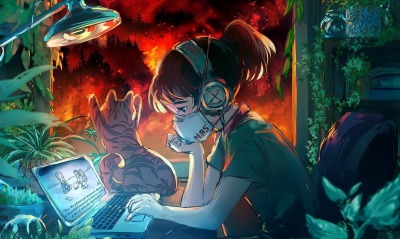 девушка аниме геймер кот ноутбук