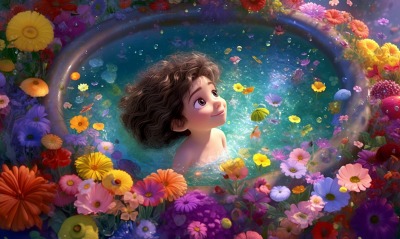ребенок бассейн цветы купание 3d