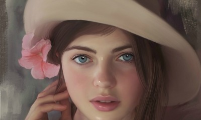 девушка в шляпе с цветком позирует