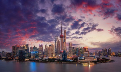 шанхай китай город небоскребы река вечер