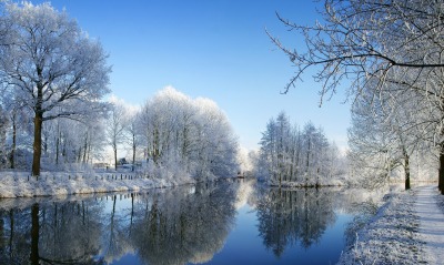 зима деревья иней снег речка