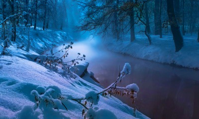 природа река зима вечер деревья