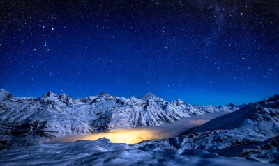 горы ночь огни звезды снег