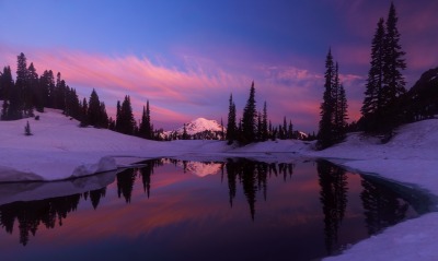 зима озеро горы сумерки на закате