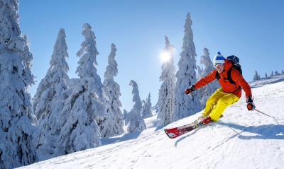 лыжник спуск ели зима снег солнце лучи