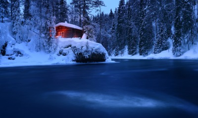 река лес снег дом